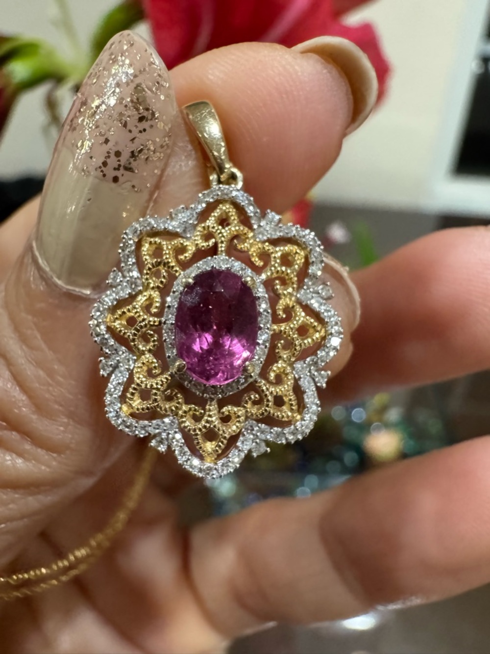 14K Yellow Gold Pink Tourmaline & Diamond Filigree Pendant Necklace 18”